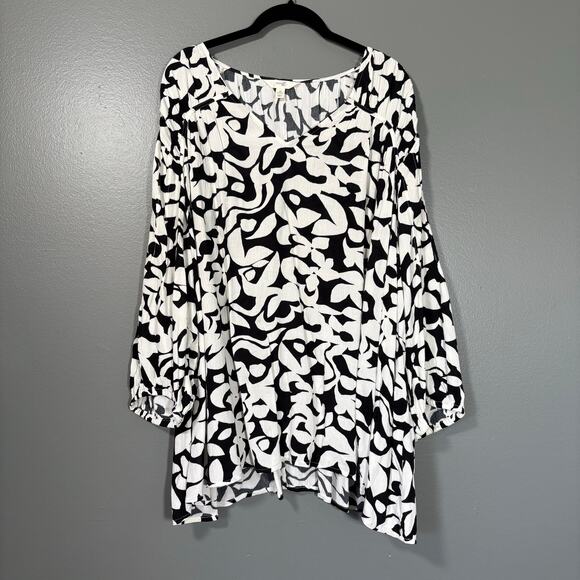 Terra & Sky Black & White Floral Boho Peasant Top - 3X 24/26 - Women's Plus Size - Picture 1 of 7
